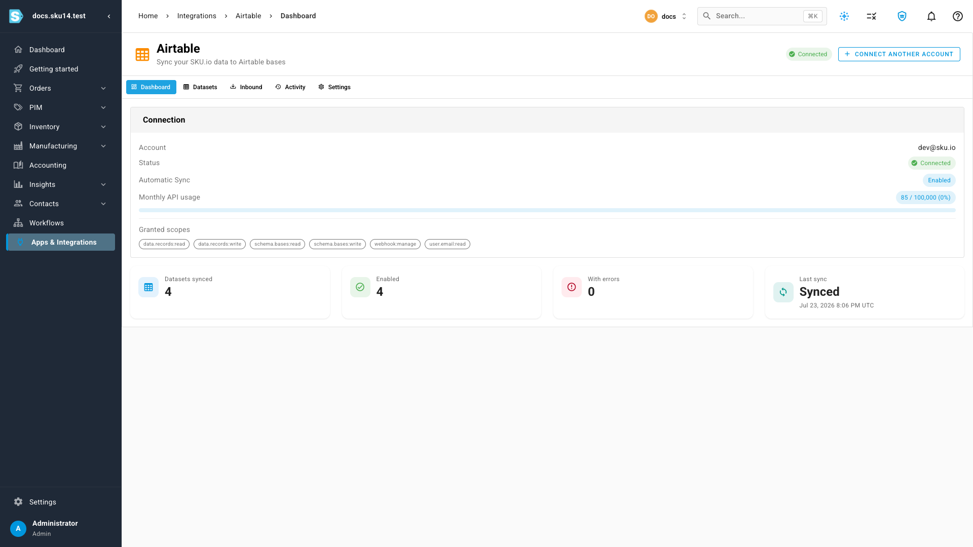 The Airtable dashboard in SKU.io showing a connected account, connection status, monthly API usage meter, granted scopes, and quick stats for datasets synced and last sync