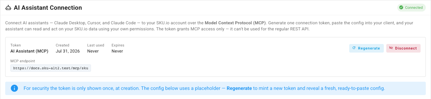 The connected state showing token details, the MCP endpoint, and Regenerate and Disconnect buttons