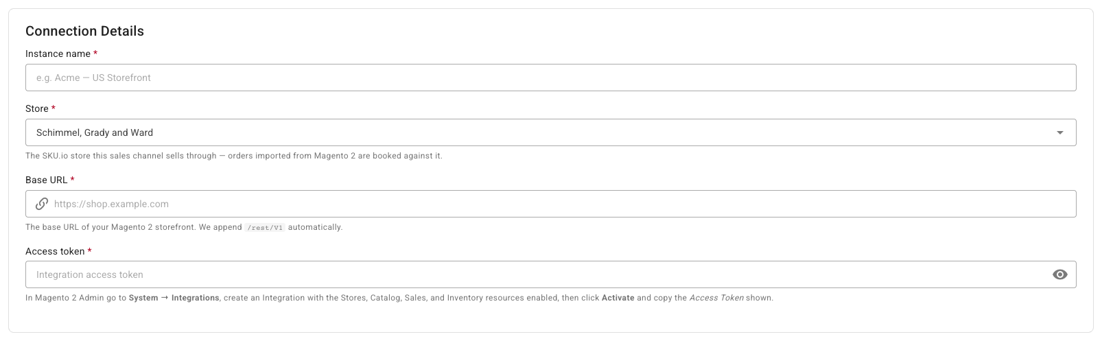 The Connection Details card with Instance name, Store, Base URL, and Access token