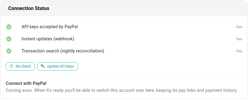 The Connection Status card with all three checks at Yes
