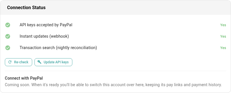 The Connection Status card with three rows that all say Yes