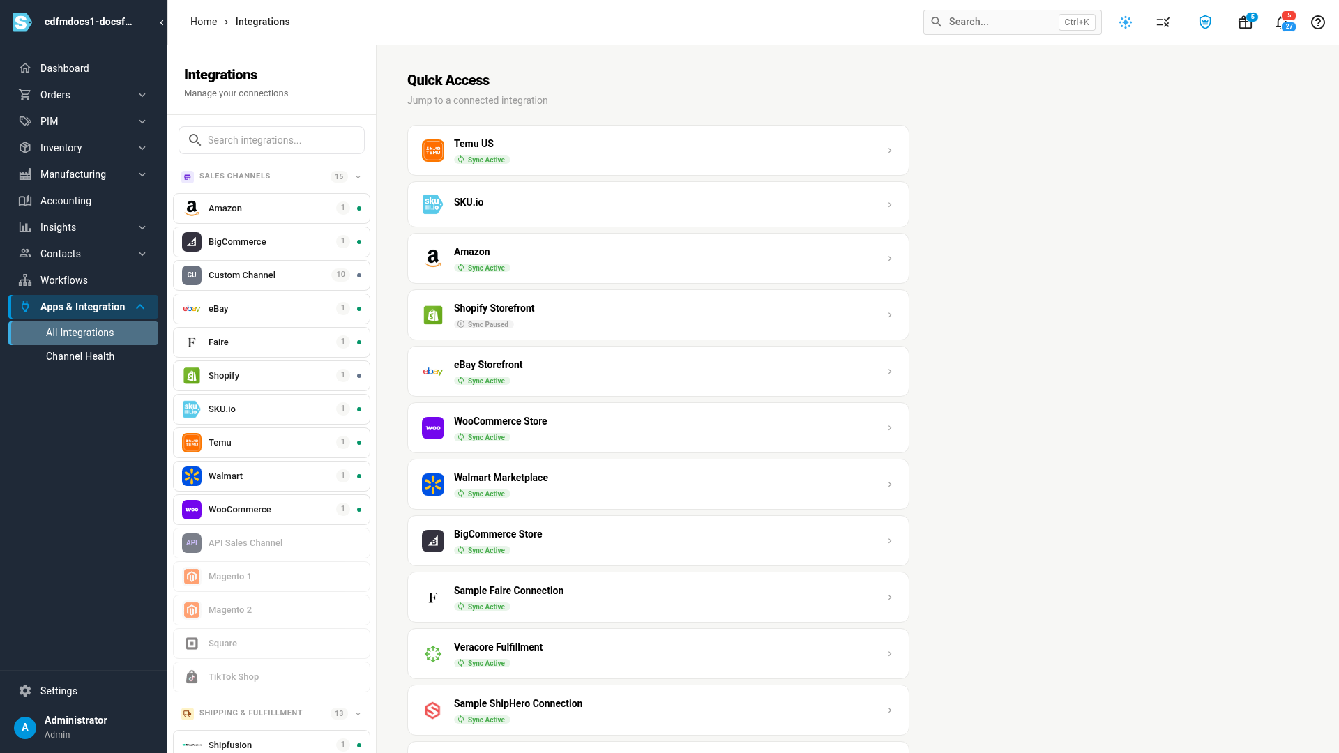 Quick Access on Apps & Integrations, with each connection's sync status