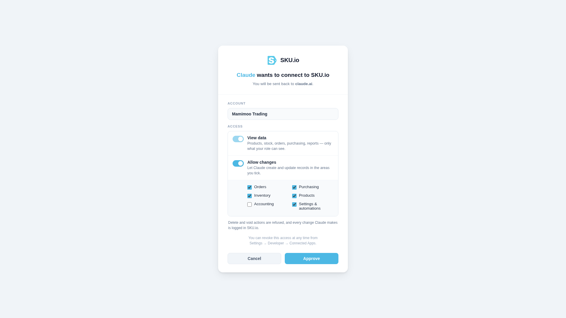 The SKU.io sign-in approval screen with View data on, Allow changes switched on and areas ticked, and Cancel and Approve buttons