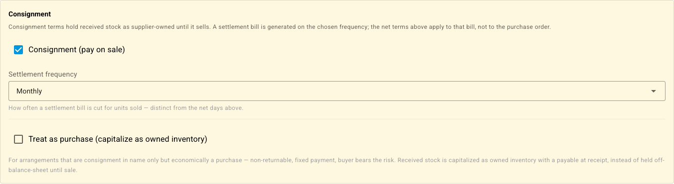 The Consignment section of the payment term dialog, with Consignment (pay on sale) ticked and Settlement frequency set to Monthly