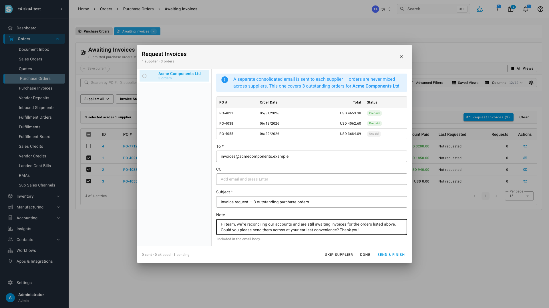 The consolidated request dialog showing several outstanding orders for one supplier grouped into a single email, with each order's total and prepaid status