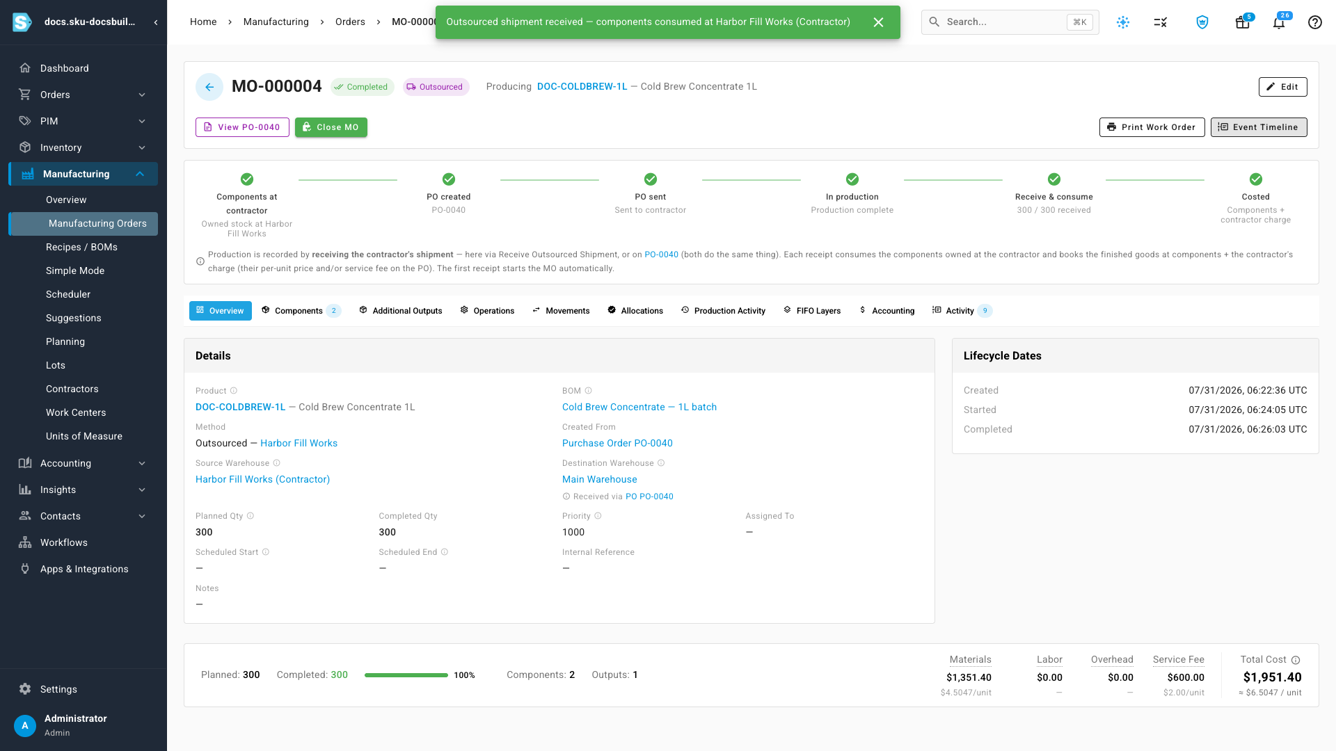 The order once the second shipment lands — Completed, 300 of 300, every step of the lifecycle strip green through Costed, and the footer cost card now reading materials $1,351.40, service fee $600.00 and a $1,951.40 total at about $6.50 a unit