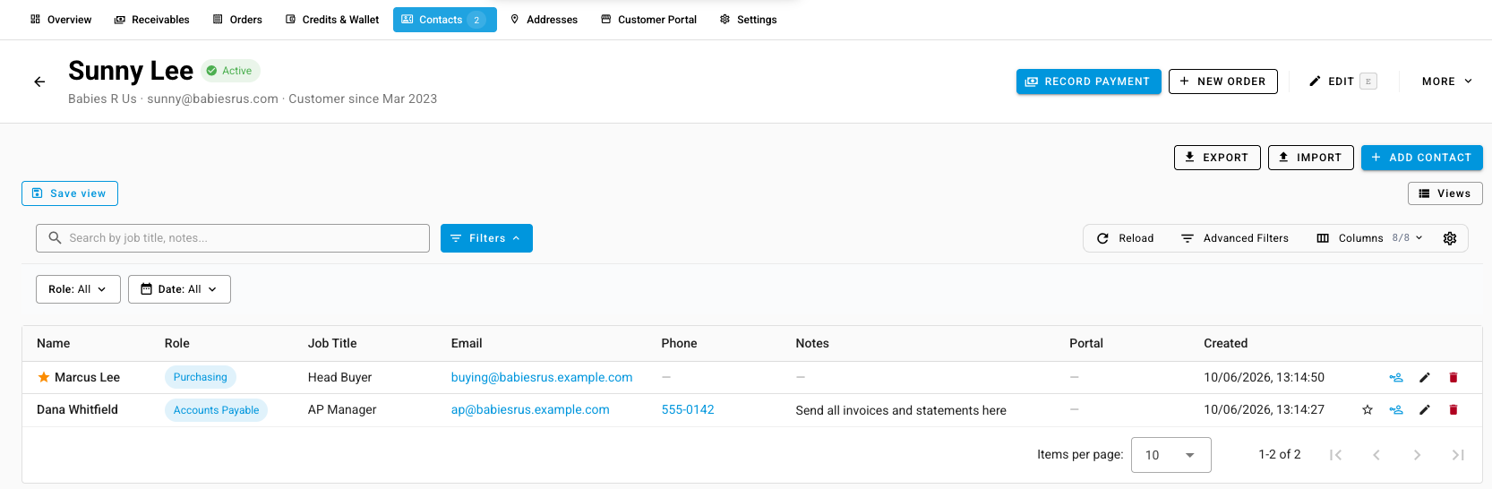 A customer's Contacts tab with a primary Purchasing contact and an Accounts Payable contact