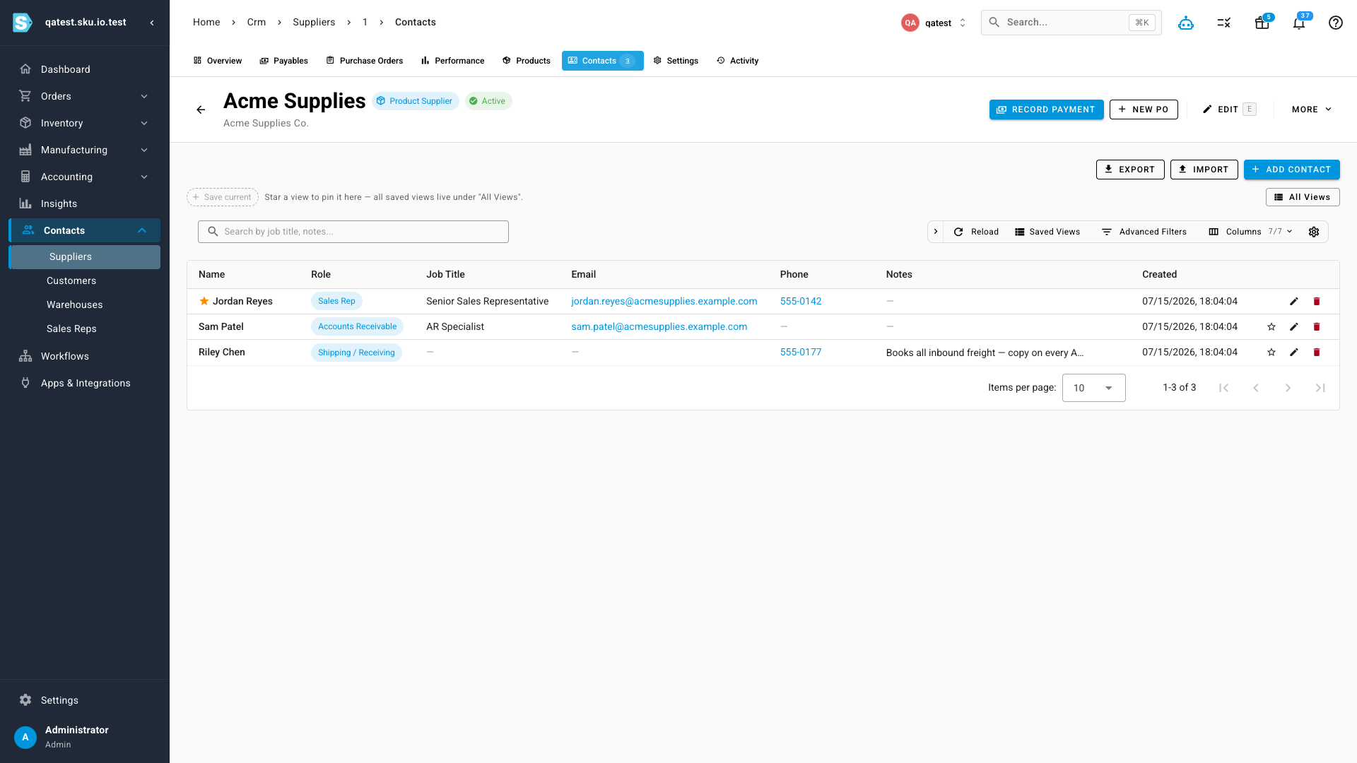 The Contacts tab on a supplier showing three contacts with roles, the primary star, and email/phone links