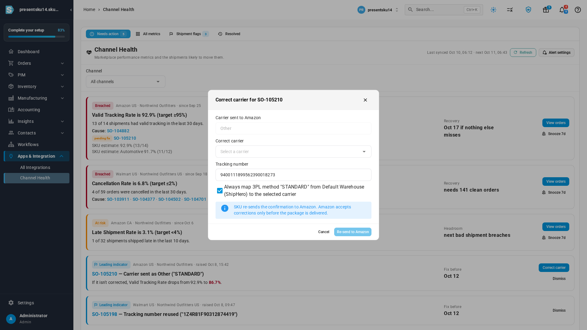 The Correct carrier dialog for a shipment sent to Amazon as Other, with a carrier picker, the tracking number, and an option to always map that 3PL method