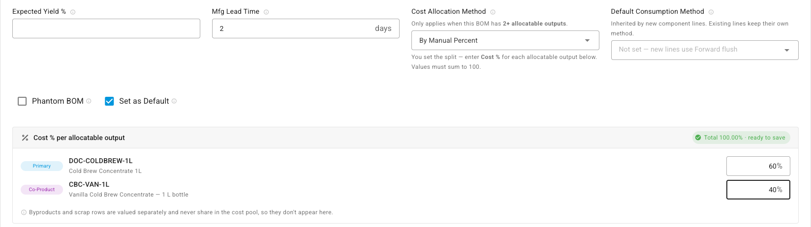 Cost Allocation Method set to By Manual Percent, with a 60/40 split between the primary and the co-product