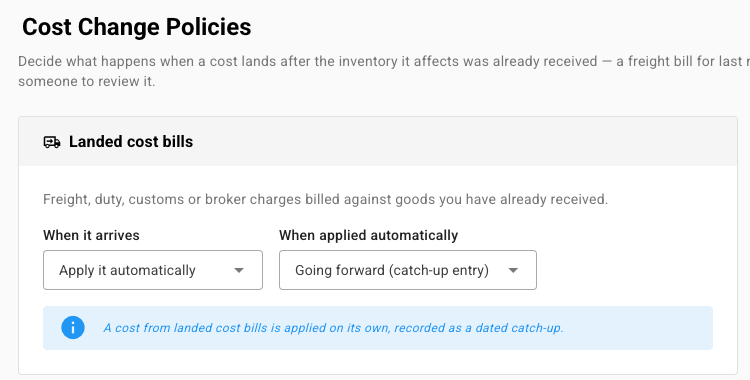 Cost Change Policies, with one card per kind of document