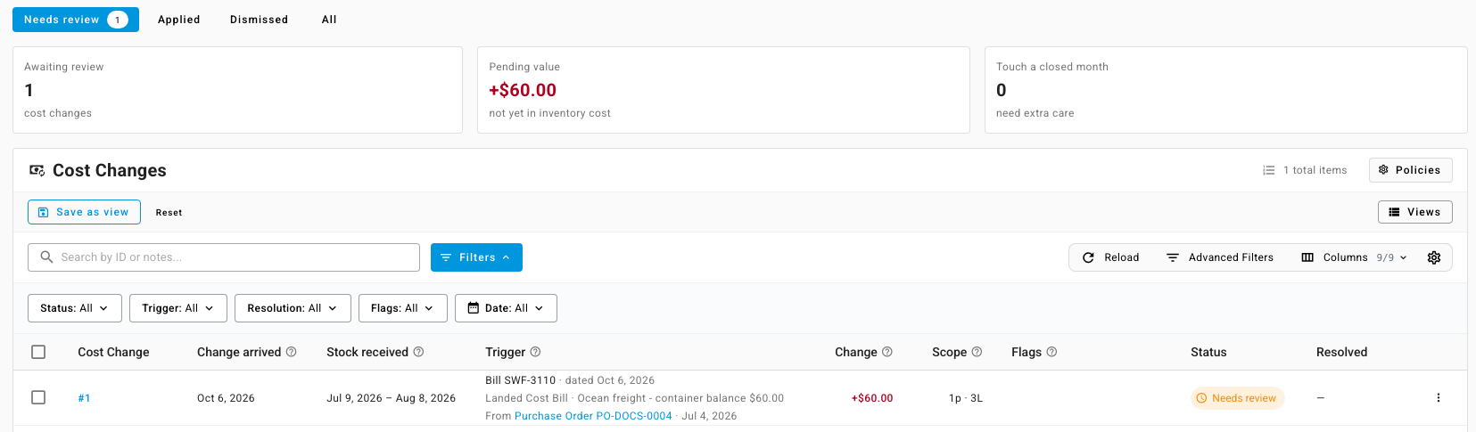 The Cost Changes inbox with one change awaiting review