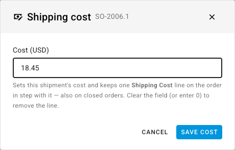 The Shipping cost dialog