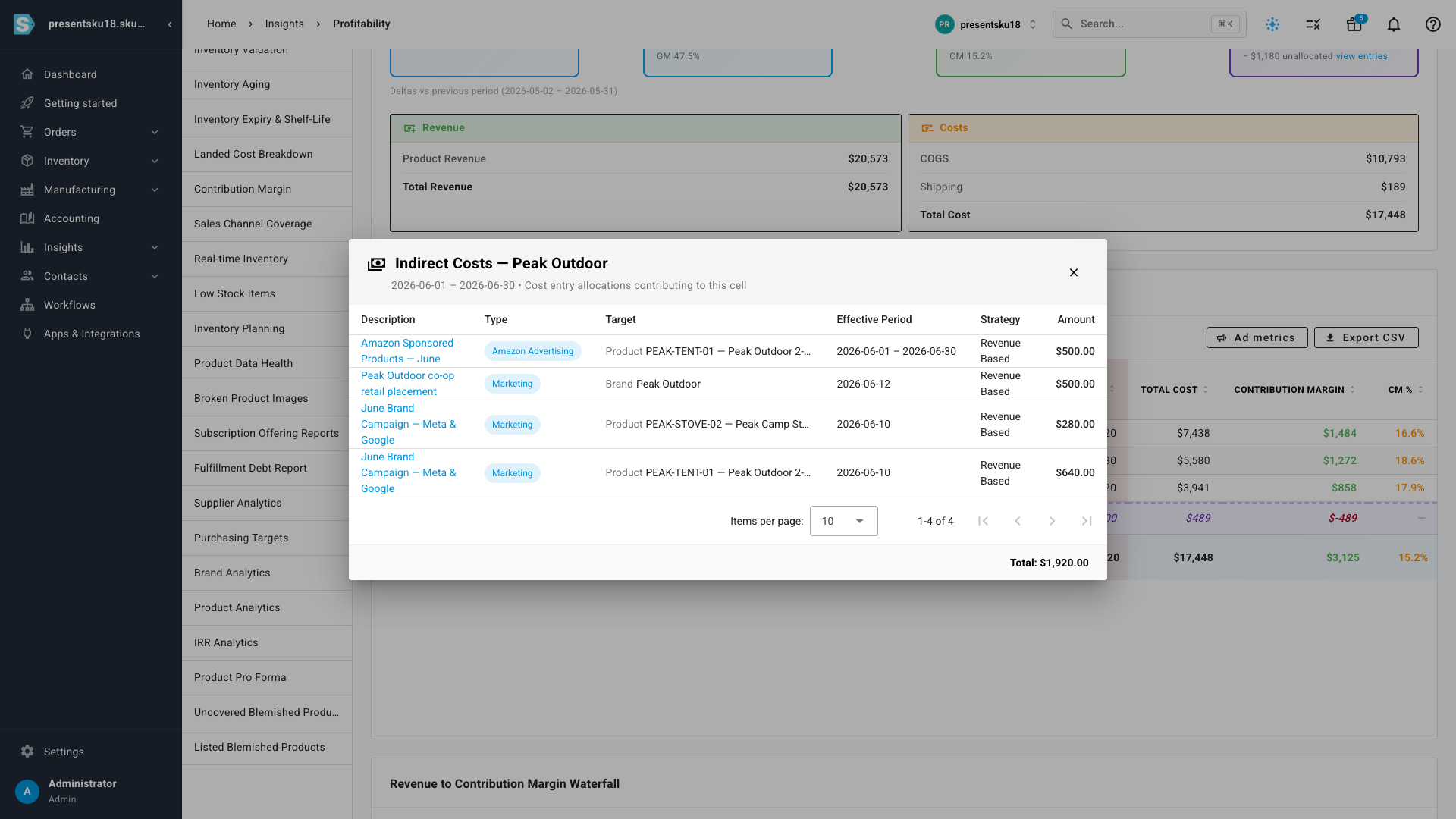 A drill-down showing the individual cost entries behind a brand's indirect costs — description, cost type, allocation target, effective period and amount — totalling to the figure in the report