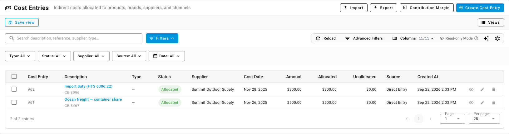 The Cost Entries list
