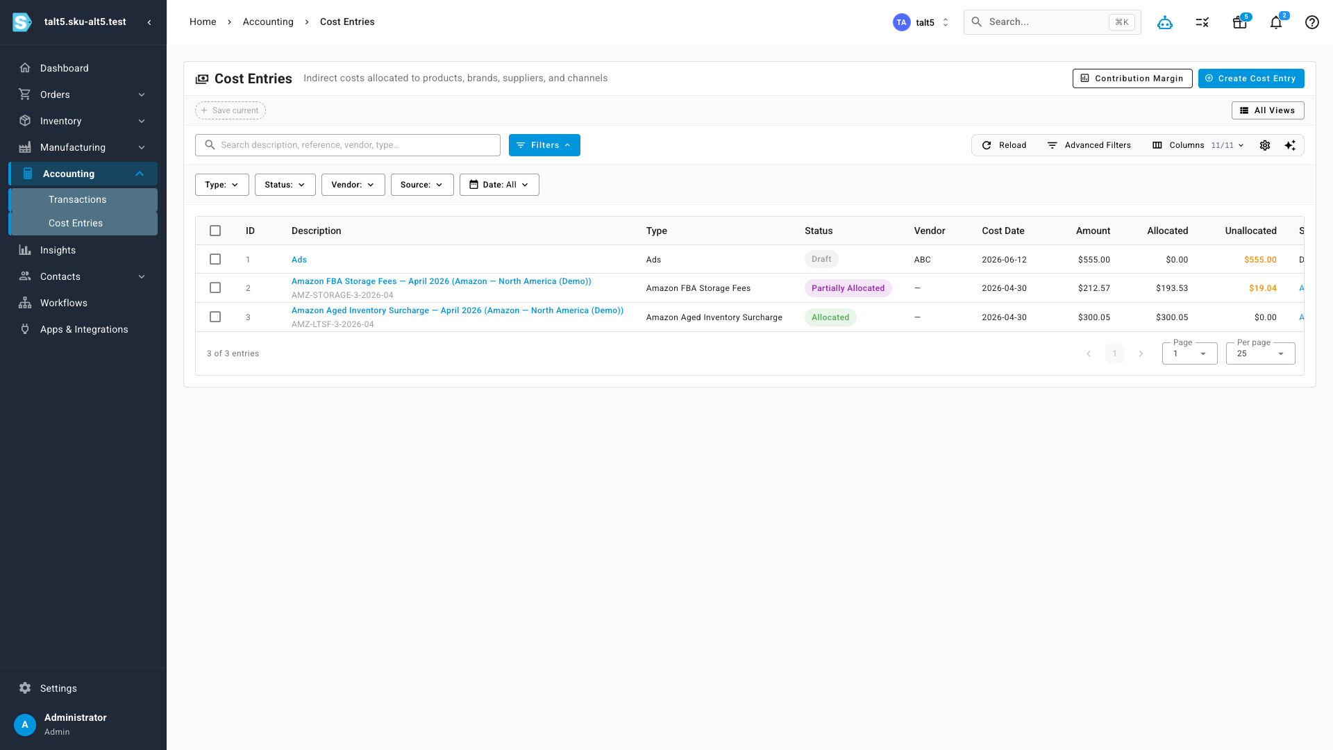 Cost Entries list showing the auto-created Amazon storage fee and aged-inventory surcharge entries