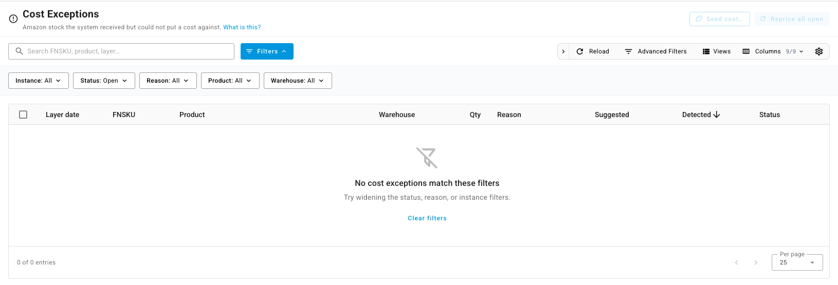 The Cost Exceptions tab