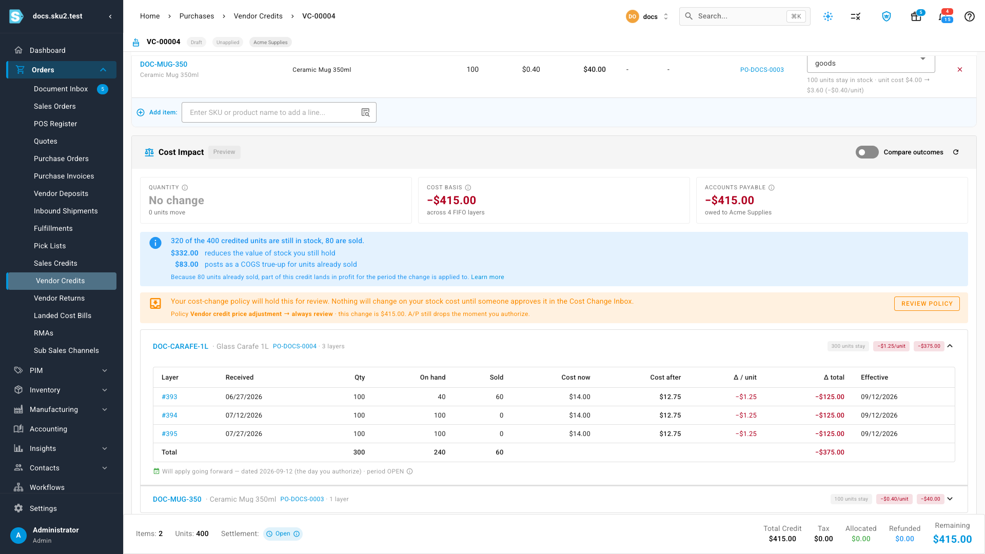 The Cost Impact panel: tiles, the on-hand versus sold split, and the layer table