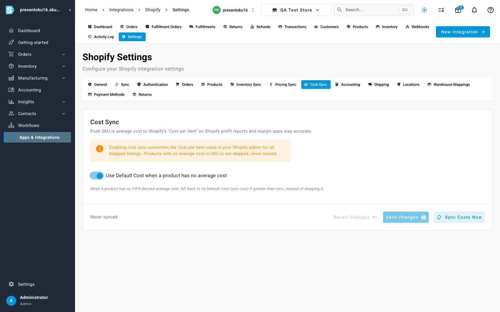 The Cost Sync settings tab for a Shopify store