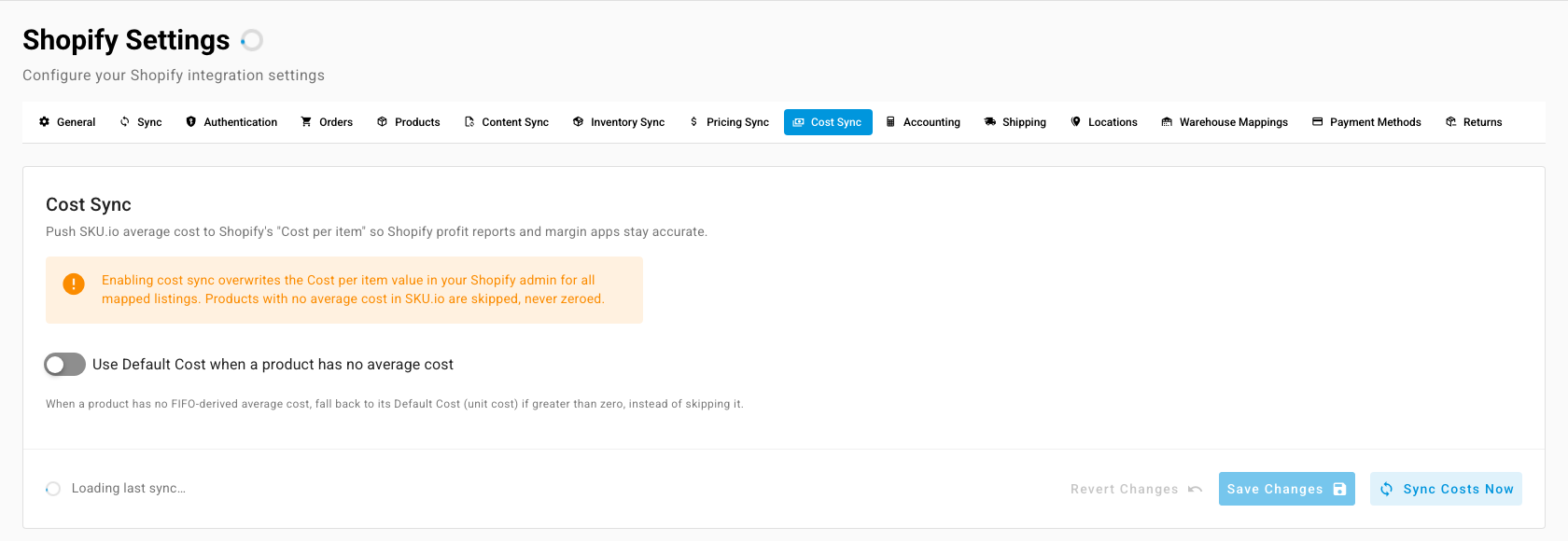 The Cost Sync tab in Shopify Settings, with the overwrite warning, the Default Cost fallback switch, and Sync Costs Now
