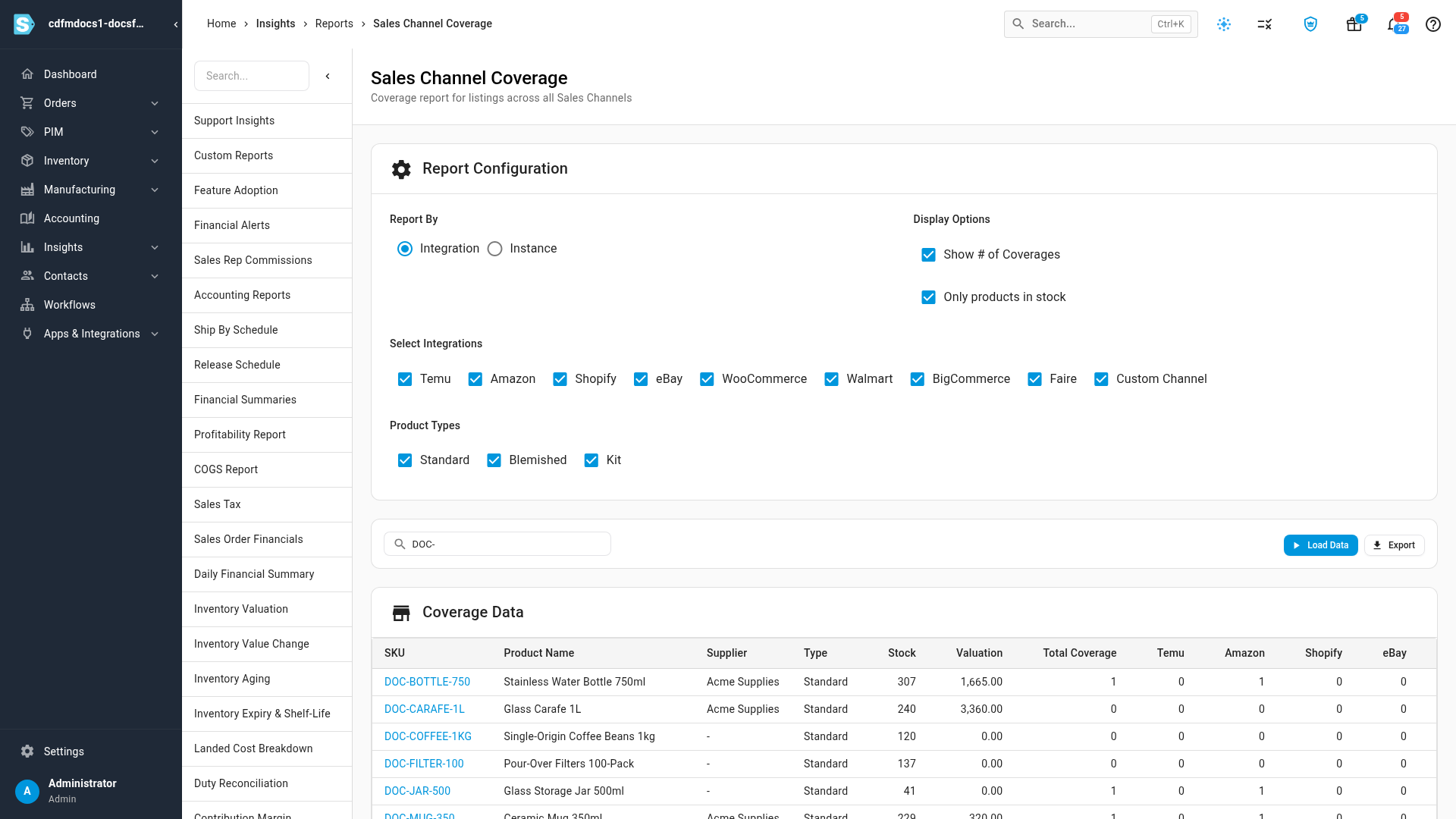 The report with Show # of Coverages turned on, counting each product's listings per channel