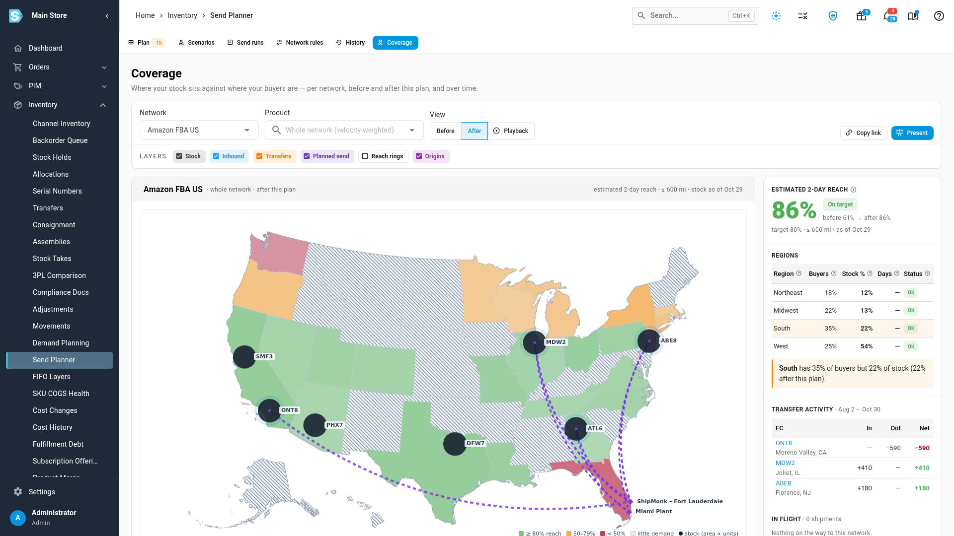 The Coverage tab: the network and product pickers, the map, and the estimated 2-day reach for the whole Amazon FBA network