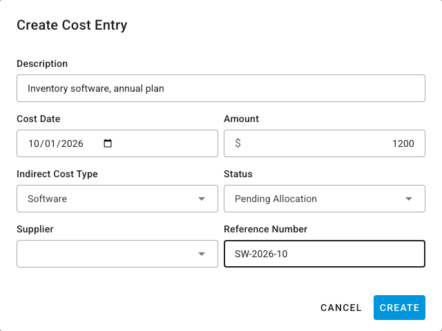 The Create Cost Entry dialog filled in for an annual software plan