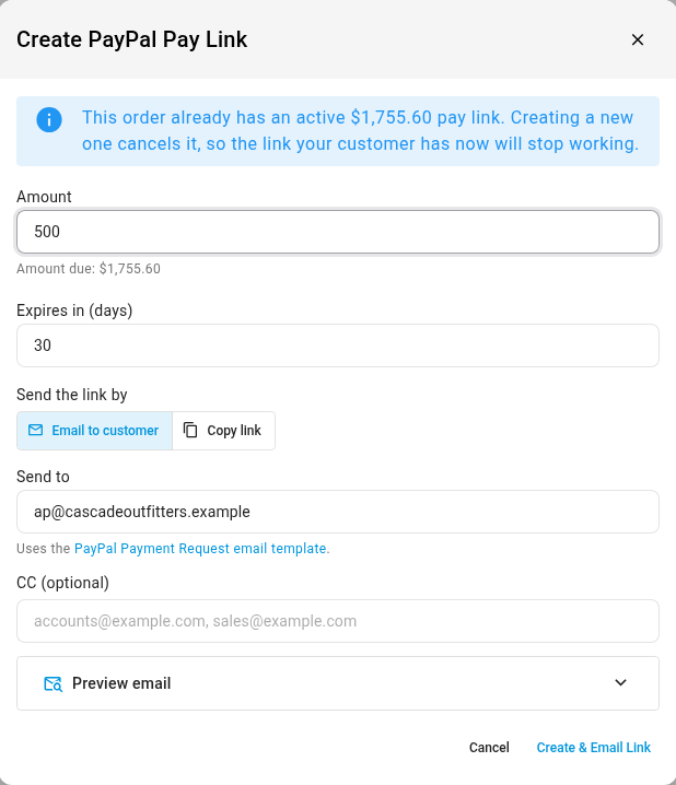 The Create PayPal Pay Link dialog with the amount, the amount due under it, the expiry, the delivery options and the warning that a new link cancels the active one