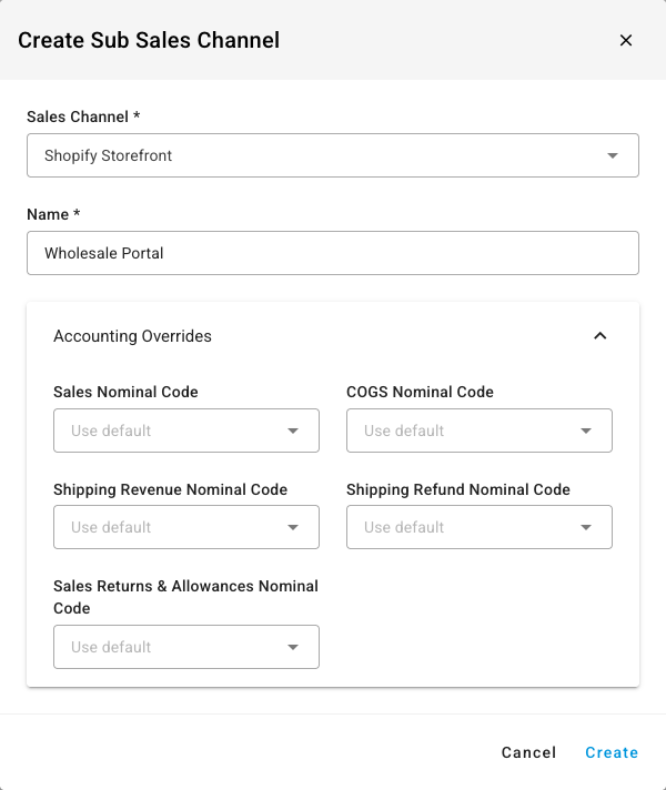 The Create Sub Sales Channel dialog with Shopify Storefront, the name Wholesale Portal, and the Accounting Overrides expanded