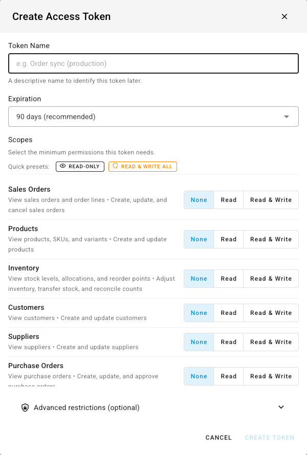 The empty Create Access Token dialog — Token Name, Expiration, Scopes, and a collapsed Advanced restrictions panel