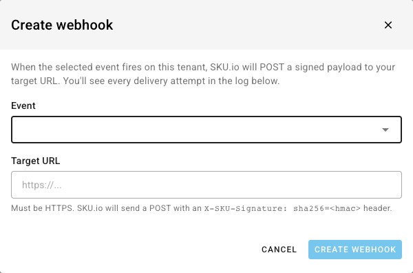 The Create webhook dialog with an empty event picker and target URL field