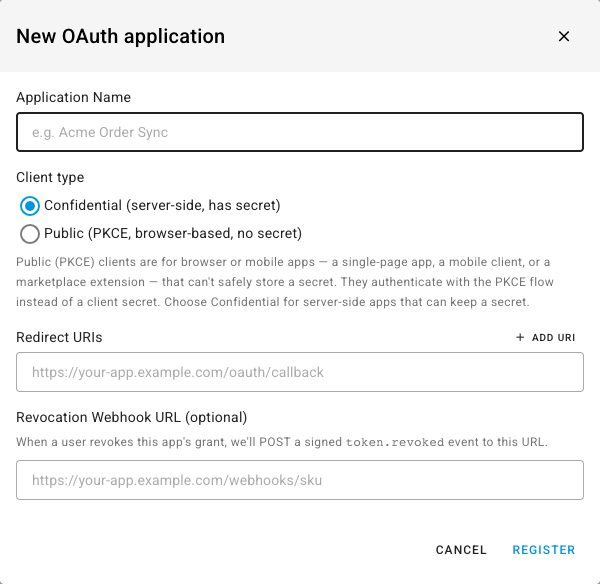 The New OAuth application dialog with empty name, client type, redirect URI, and revocation webhook fields