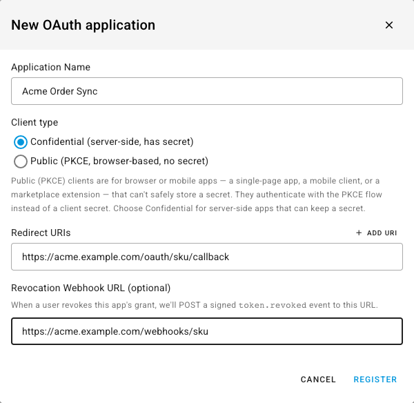 The dialog filled in with an application name, a redirect URI, and a revocation webhook URL
