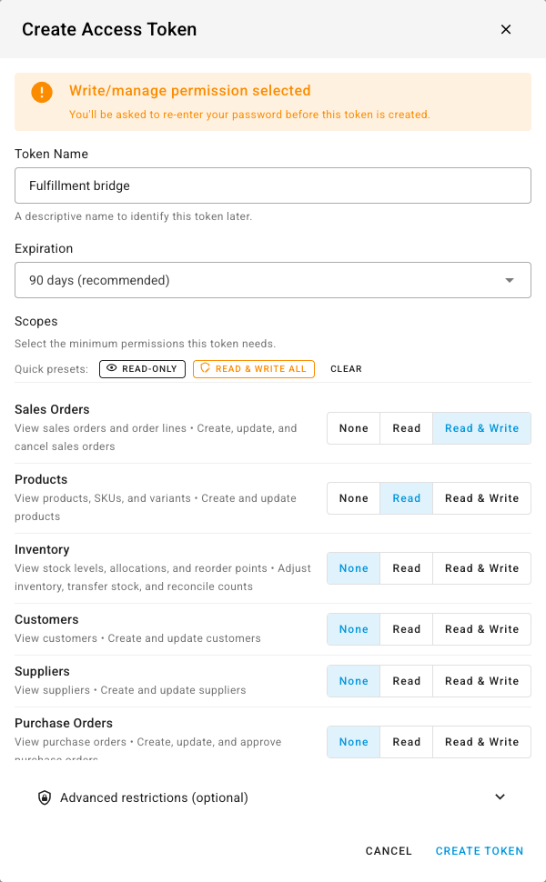 The completed dialog with a name, a 90-day expiry, and scopes selected