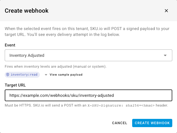 The dialog with Inventory Adjusted selected, showing the inventory scope chip and the View sample payload toggle