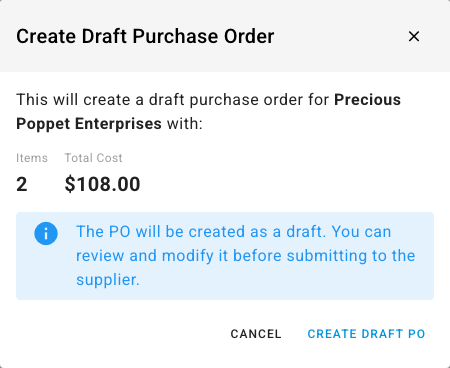 The Create Draft Purchase Order confirmation for Precious Poppet Enterprises with 2 items costing $108.00