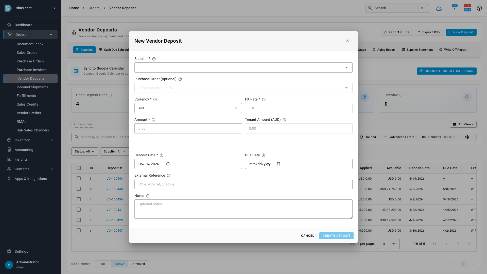 The New Vendor Deposit form, with fields for supplier, purchase order, currency, FX rate, amount, and dates