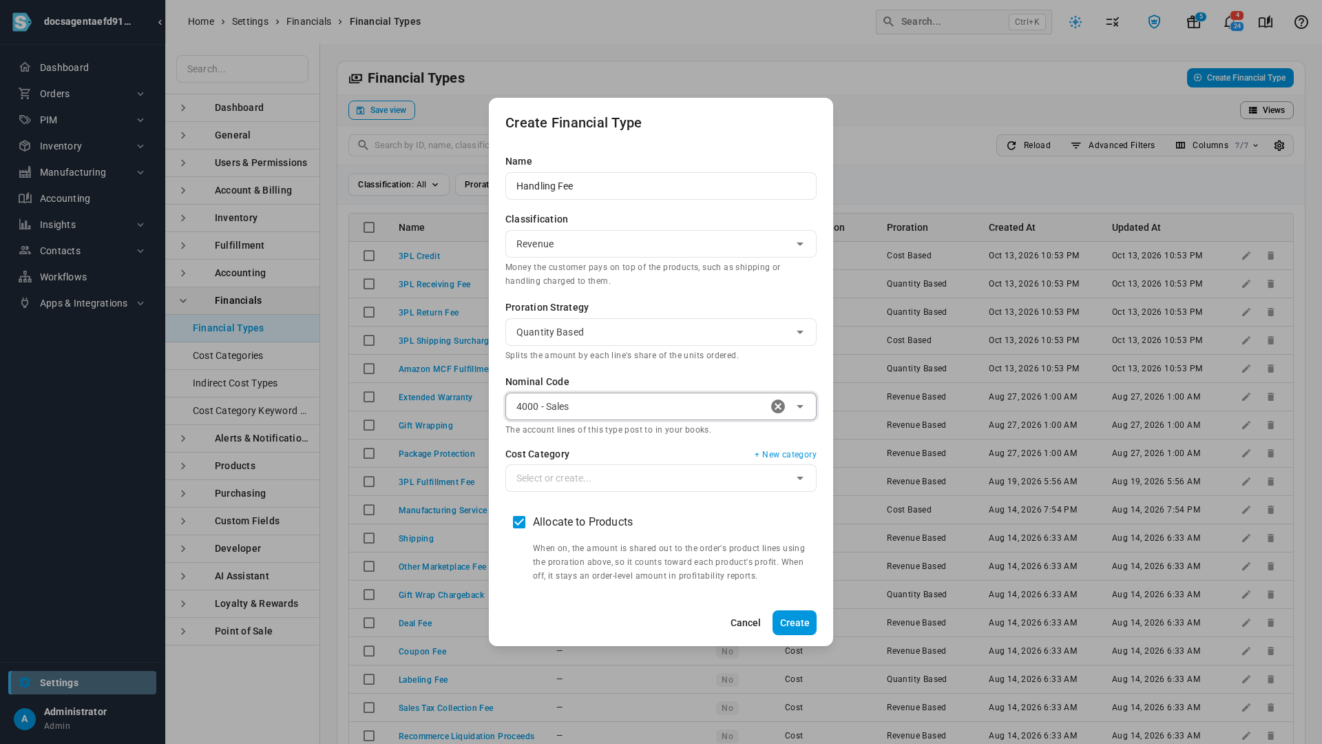 The Create Financial Type dialog filled in for a revenue type