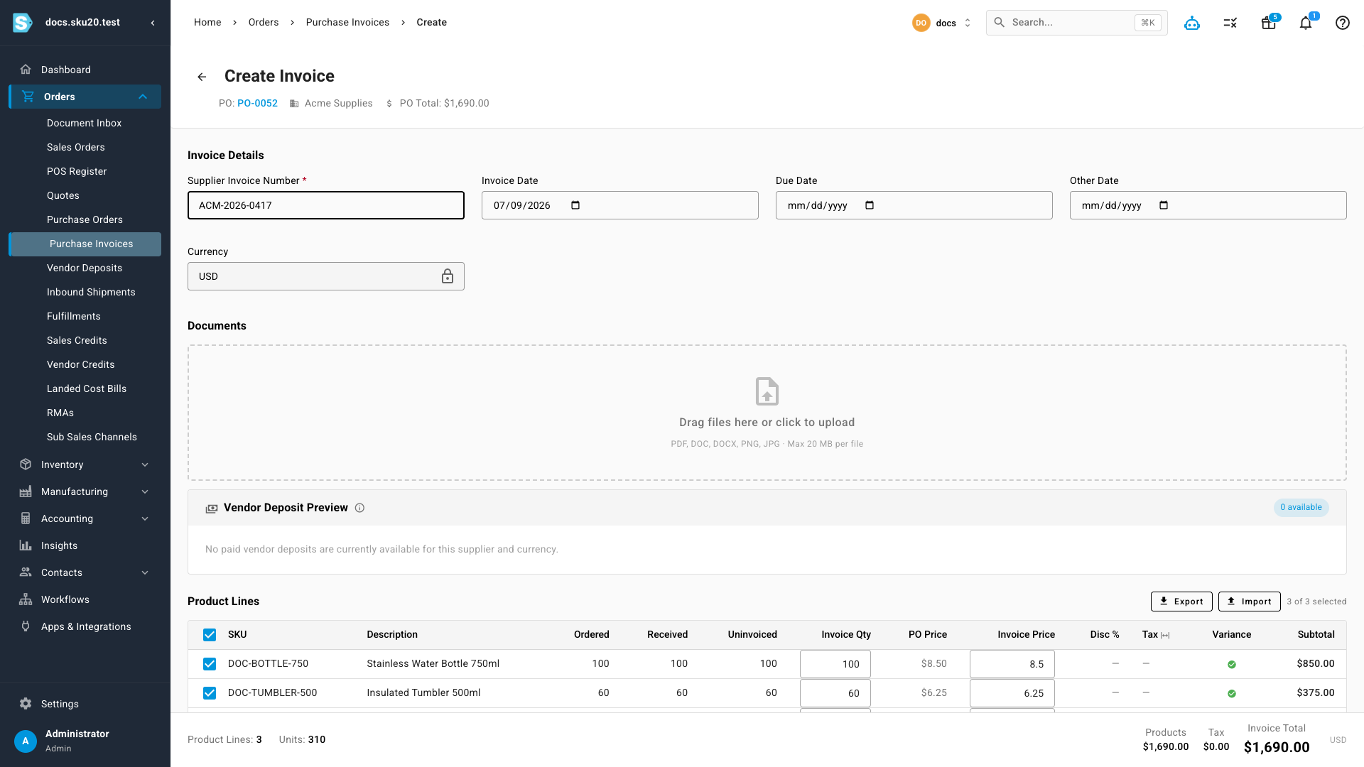 The Create Invoice screen — supplier invoice number and dates up top, and the product lines with Ordered, Received, Uninvoiced, Invoice Qty, and Variance for the three-way match