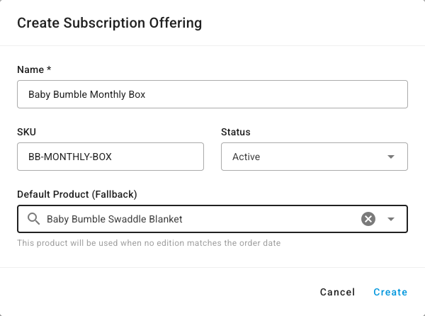 The Create Subscription Offering dialog with a name, SKU, status, and default product