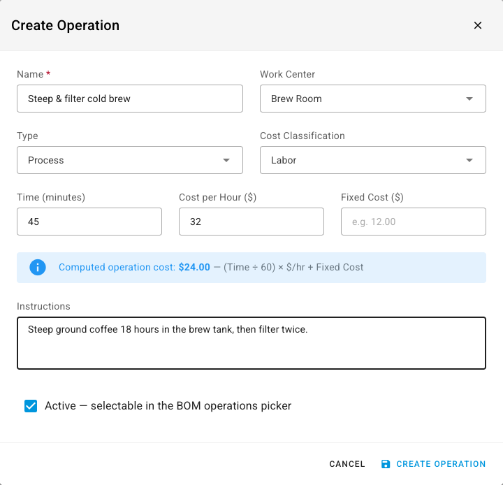 The Create Operation dialog with a process step at the Brew Room work center