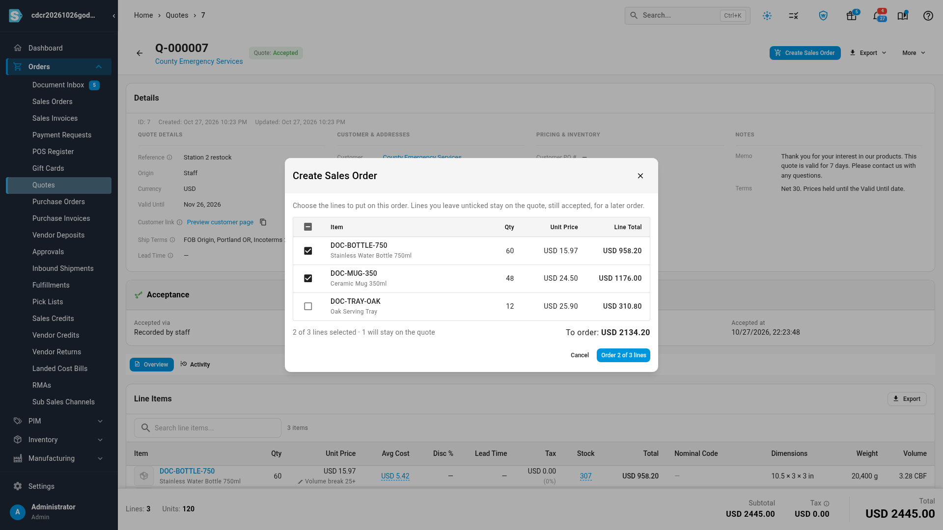 The Create Sales Order dialog with two of three lines ticked, 1 will stay on the quote, and the To order total