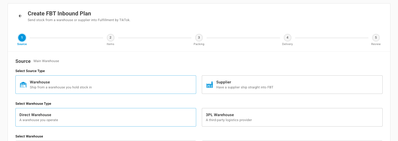The Source step of Create FBT Inbound Plan