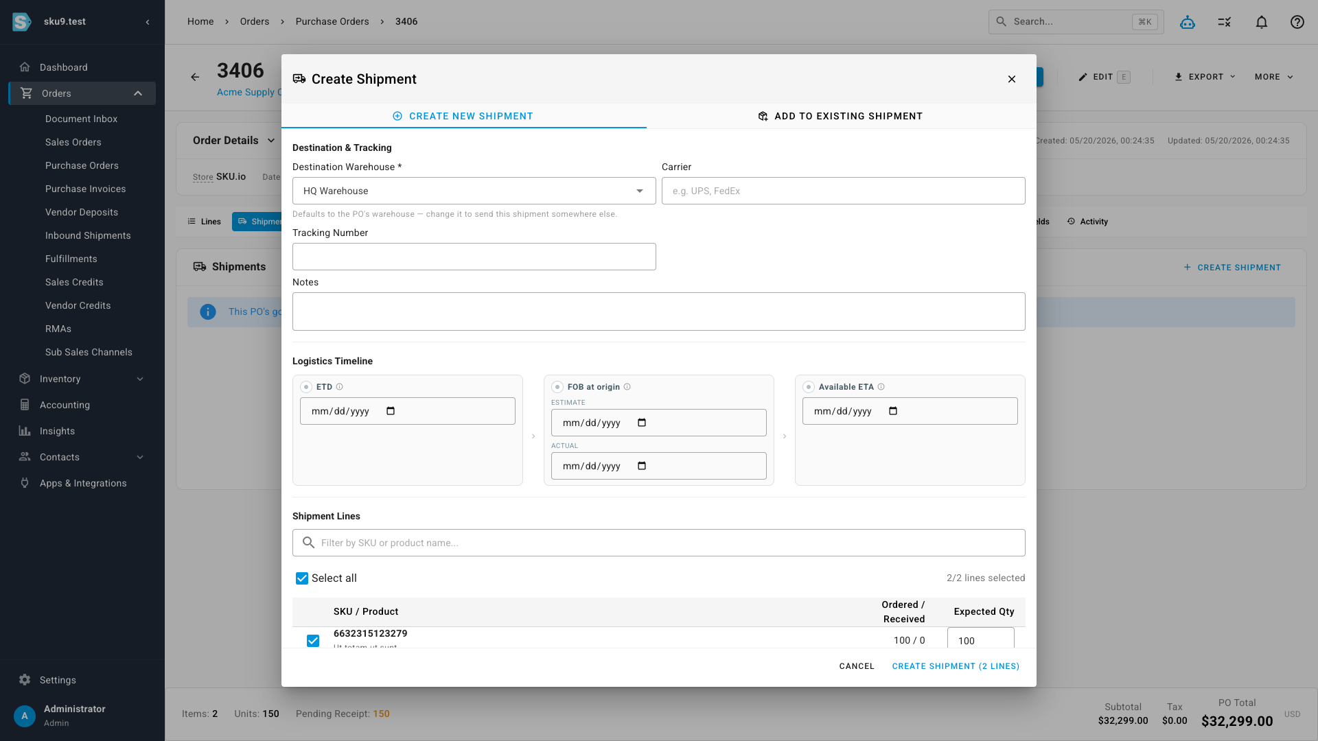 The Create Shipment dialog on a purchase order, with an editable Destination Warehouse field pre-filled with the PO's default warehouse