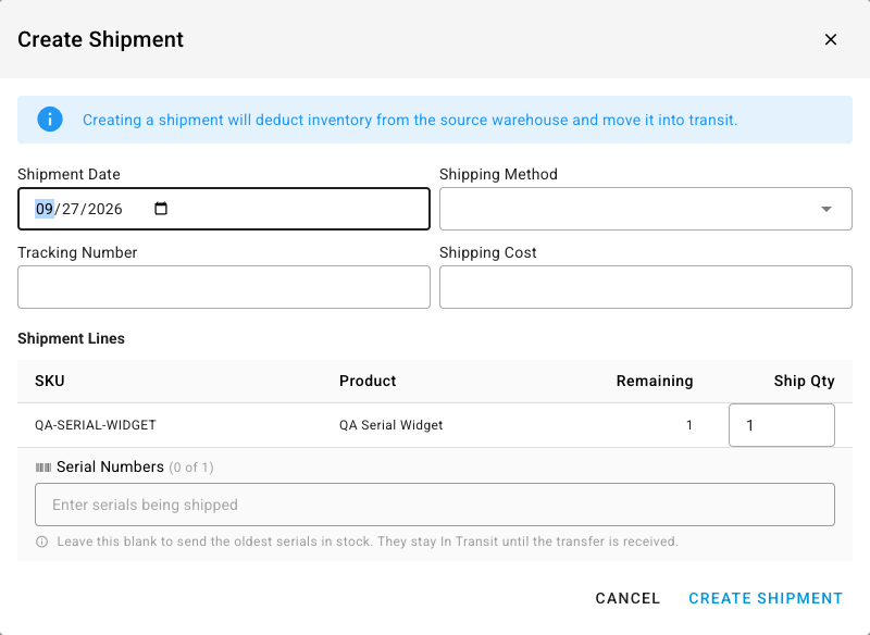 The Create Shipment dialog with the Serial Numbers field under a serialized transfer line