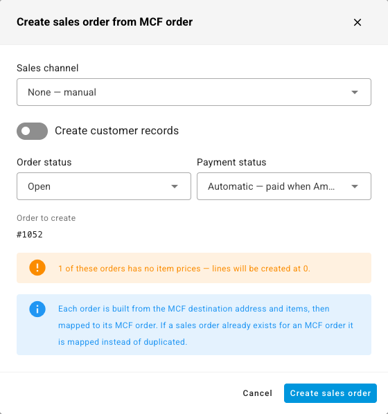 The Create sales order from MCF order dialog