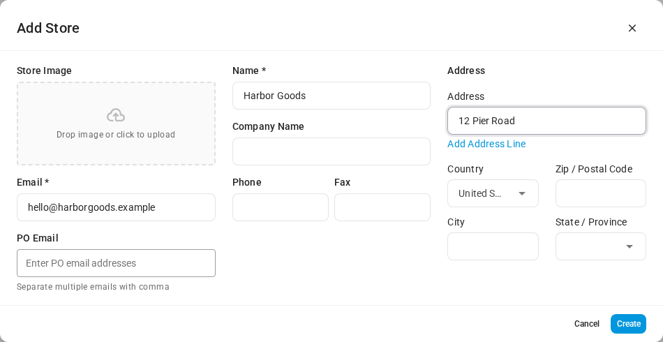 The Add Store dialog with Name, Email and an address filled in