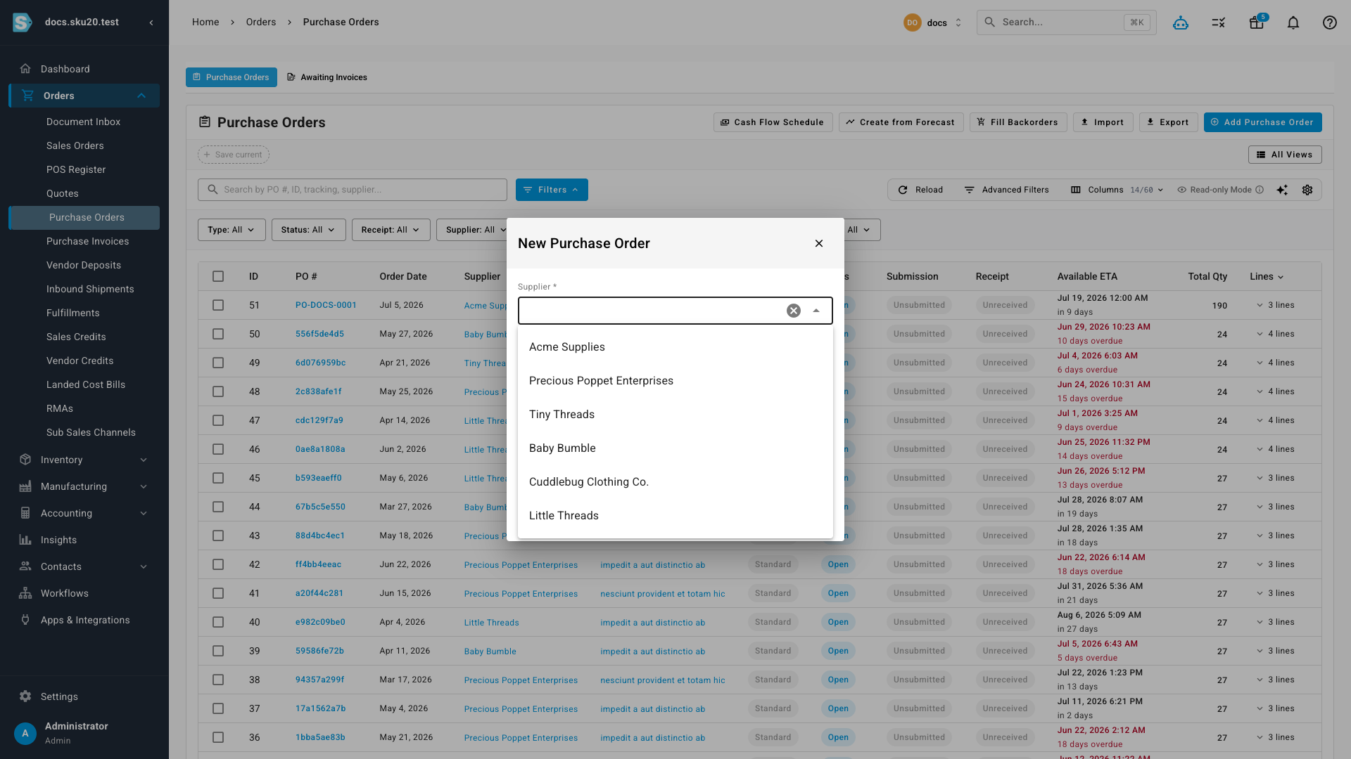 The New Purchase Order dialog with the supplier list open — supplier, order date, destination, and currency