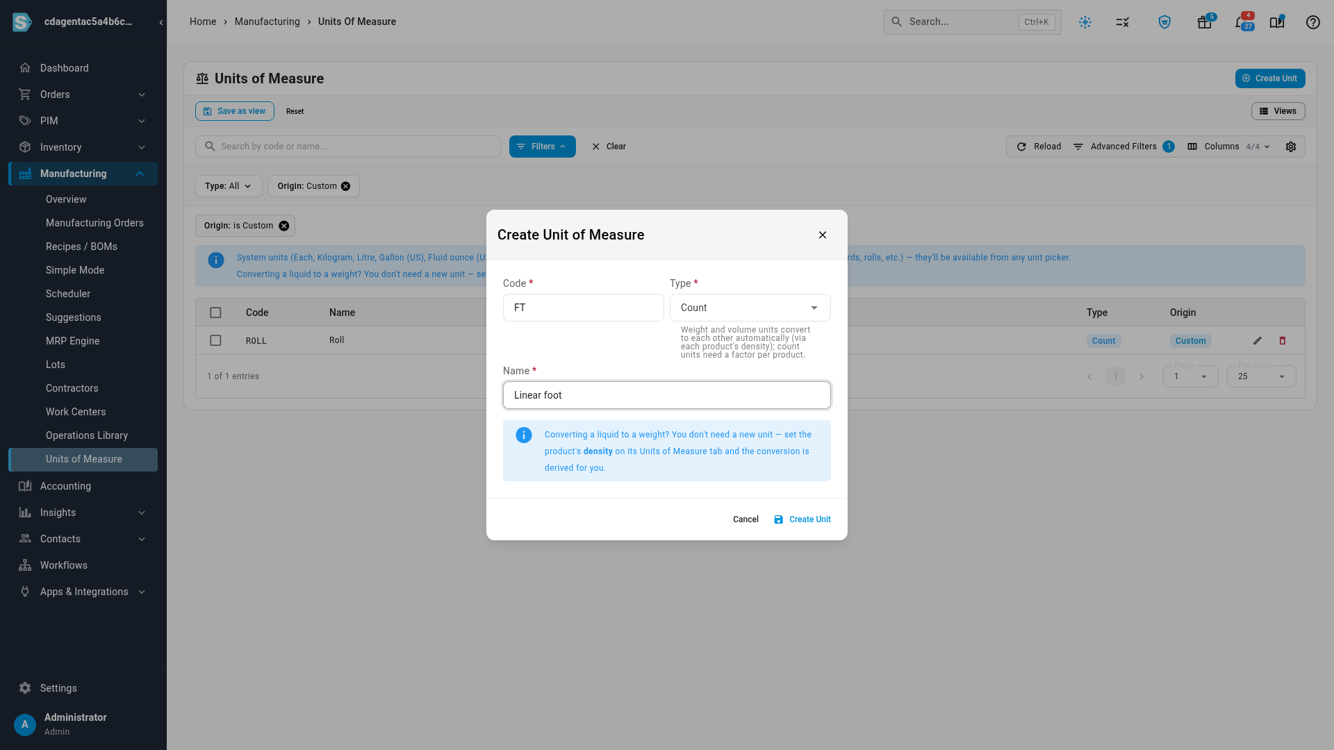 The Create Unit of Measure dialog