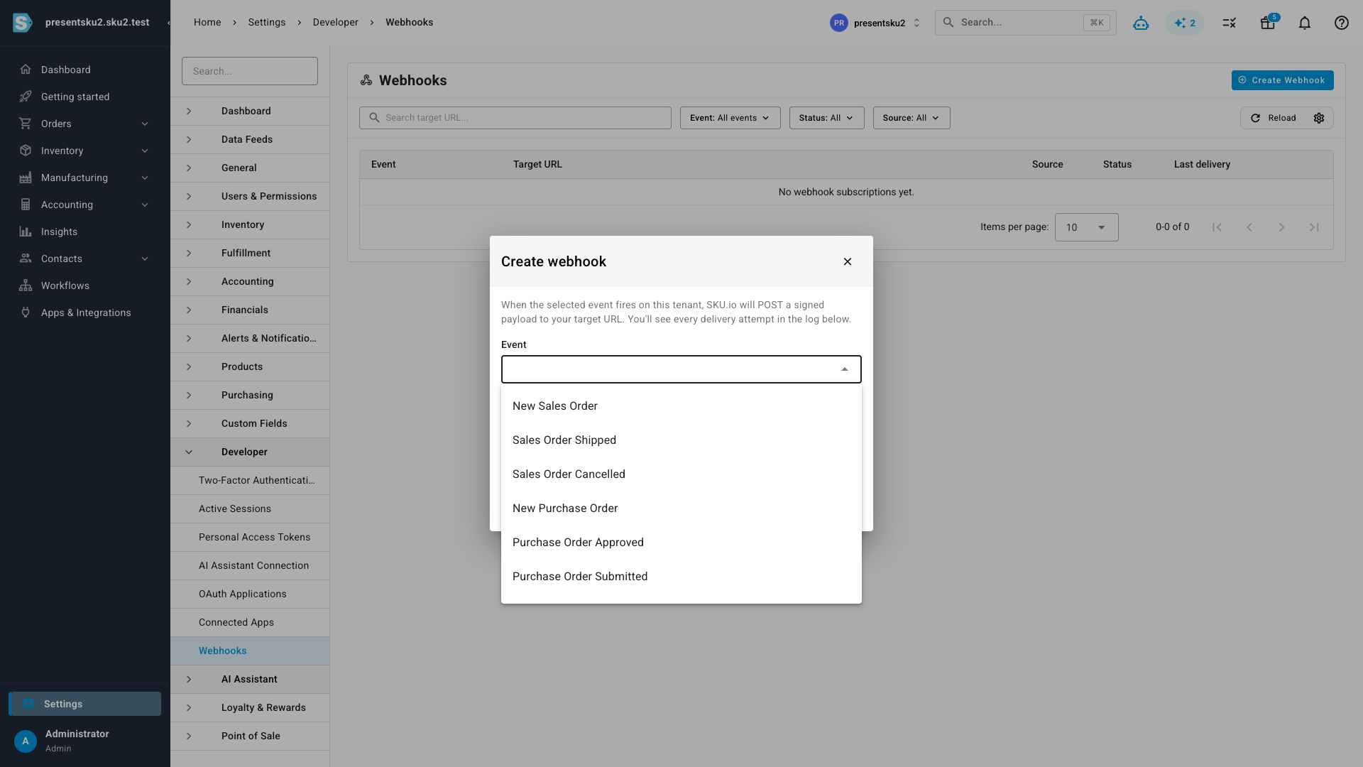 The Create webhook dialog with the event dropdown open, showing events like New Sales Order and Goods Received